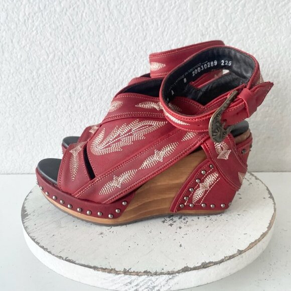 Lane Boots LEXINGTON Womens Red Wedges 8 Western Sandals Cowgirl Wooden Heels - Picture 4 of 10